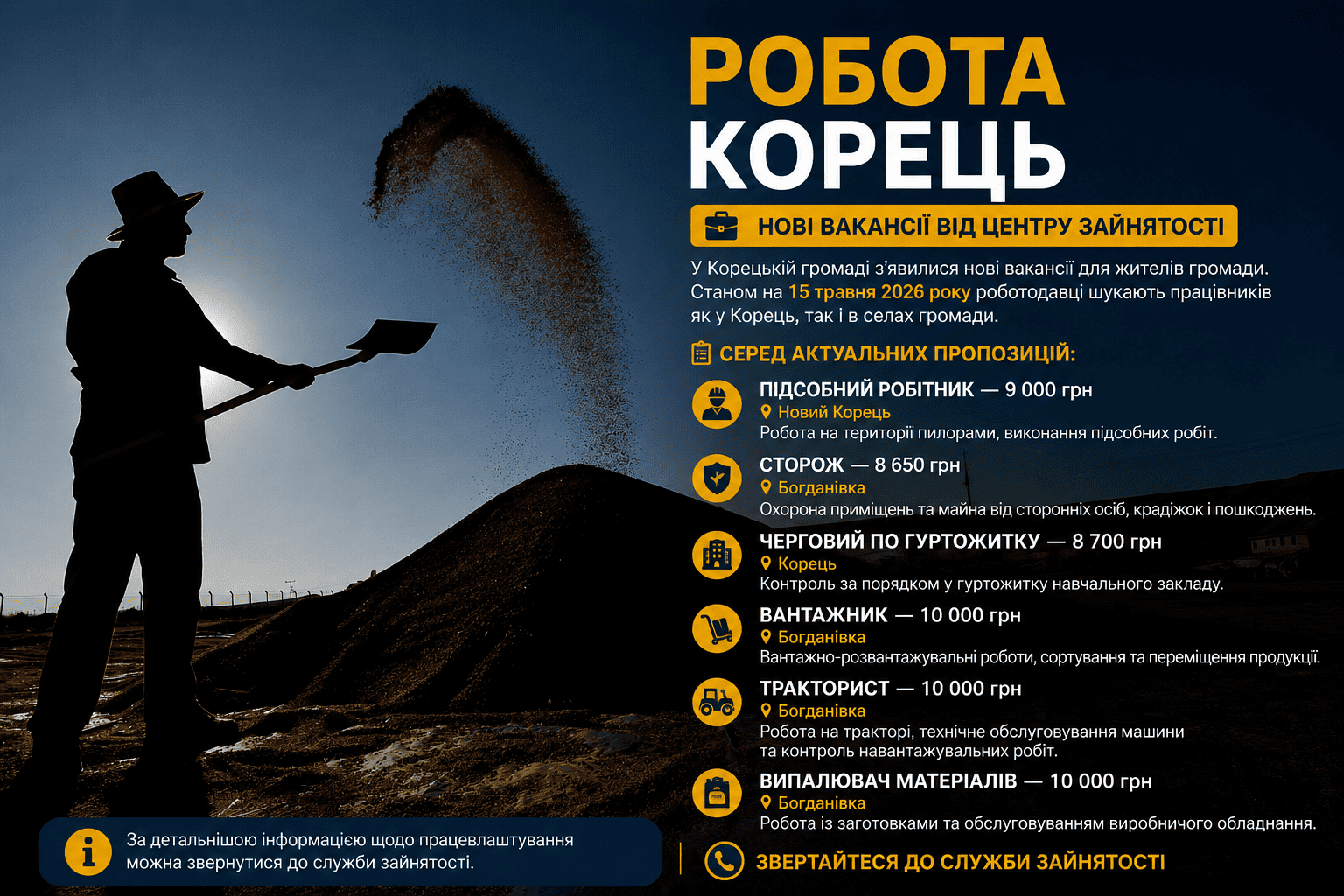 Робота у Корецькій громаді: нові вакансії від центру зайнятості